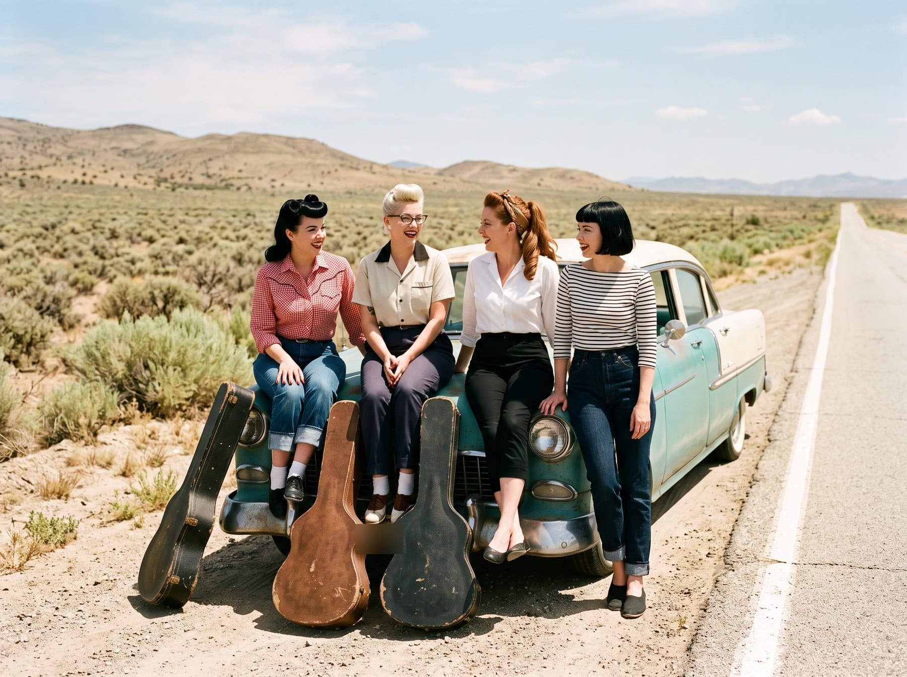 The four band members sitting on the hood of a two-tone sedan beside a desert highway with guitar cases