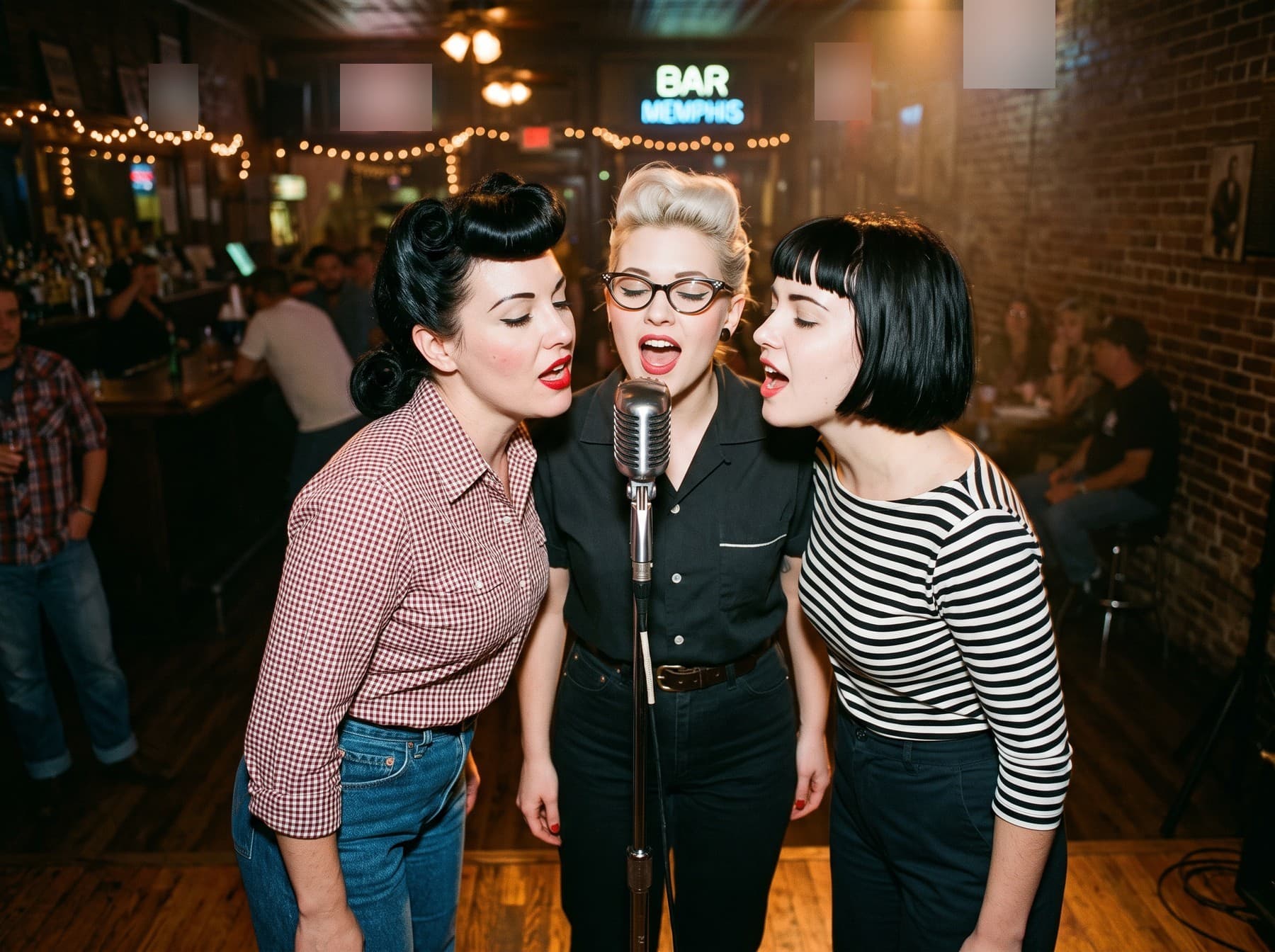 Three women singing close together around one vintage microphone in a Memphis bar