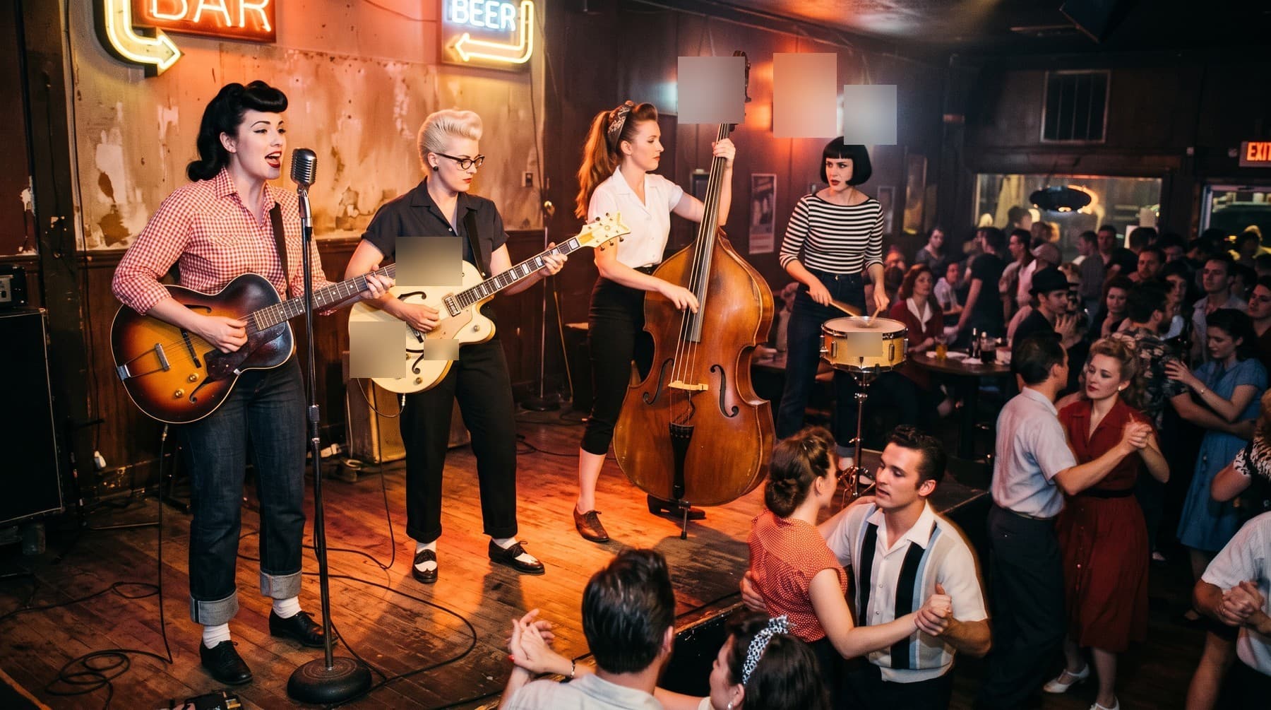 Four women playing rockabilly on a small wooden stage under neon bar signs while couples swing-dance in front of them