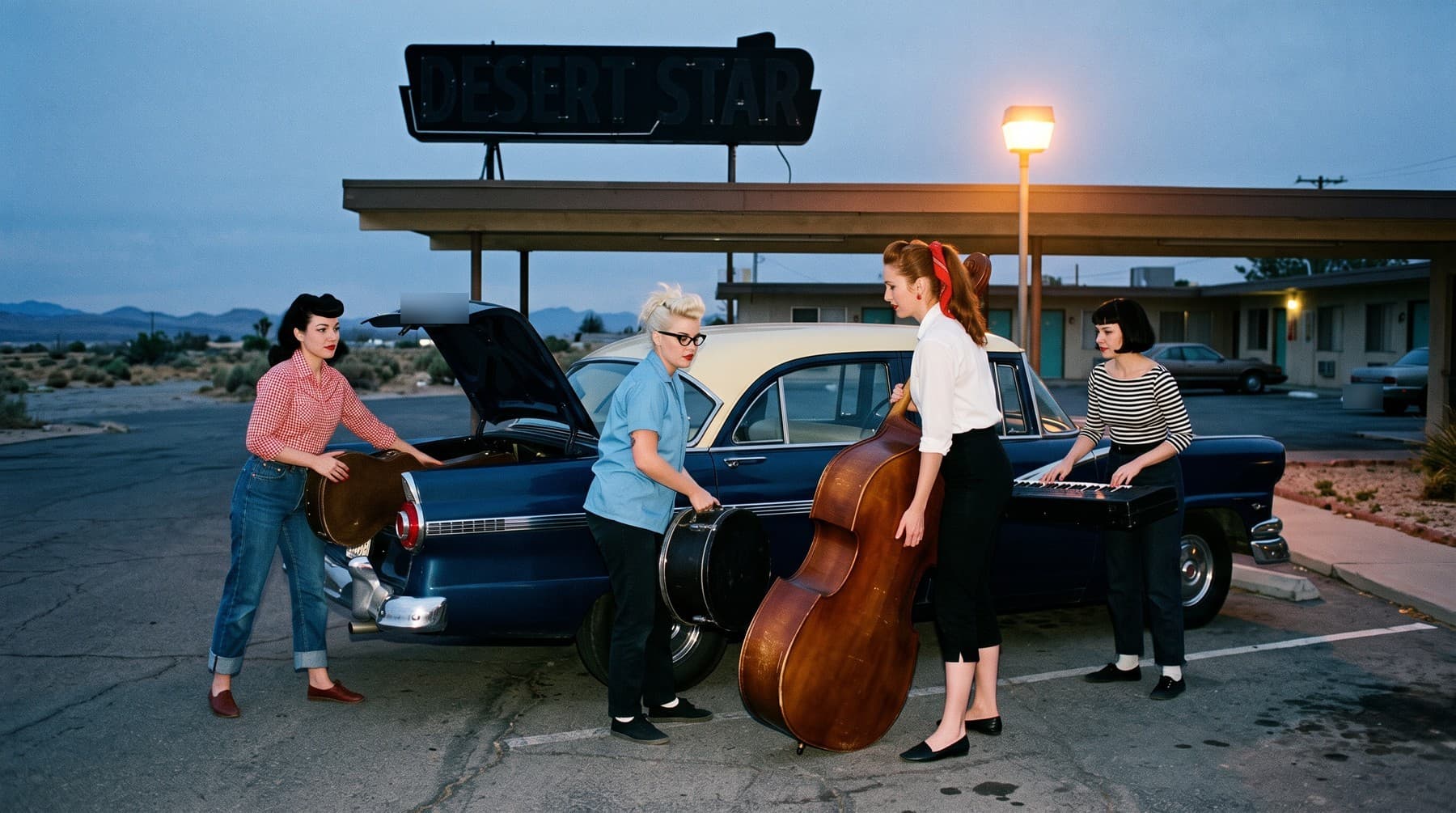 The band loading a guitar case, a drum case, an upright bass and a keyboard into a sedan at a desert motel at dawn